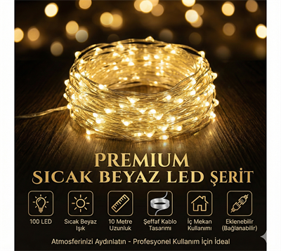 Yılbaşı Aydınlatması 100 LED Perde Hortum Sıcak Beyaz Işık - 10 Metre Dekoratif Şeffaf Kablolu Süs