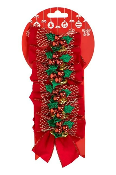 Yılbaşı Dekoratif Fiyonklar Kırmızı Kadife Çanlar Ökse Otu 10cm - 6 adet