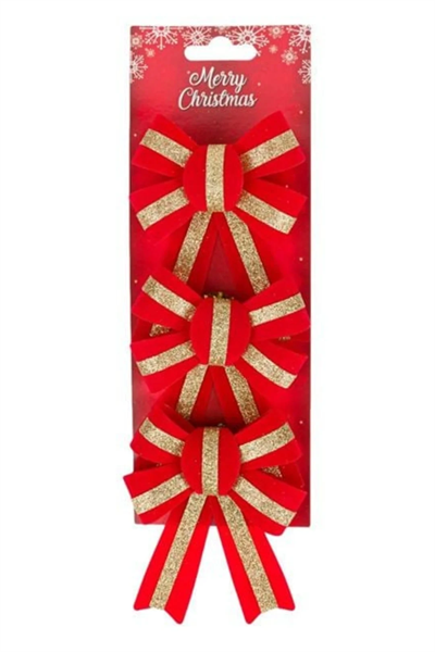 Yılbaşı Dekoratif Fiyonklar Kırmızı Kadife Altın Çizgi 14 cm - 3 adet