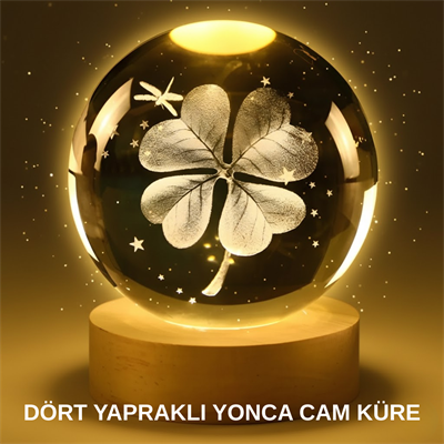 Yonca Bitki Figürlü LED Işıklı Cam Küre USB Ahşap Standlı Gece Lambası