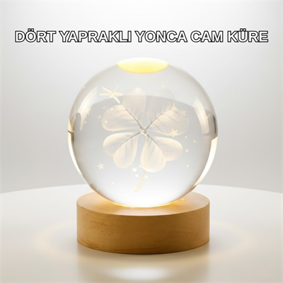 Yonca Figürlü Cam Küre USB Işıklı Ahşap Tabanlı Dekoratif Masa Lambası