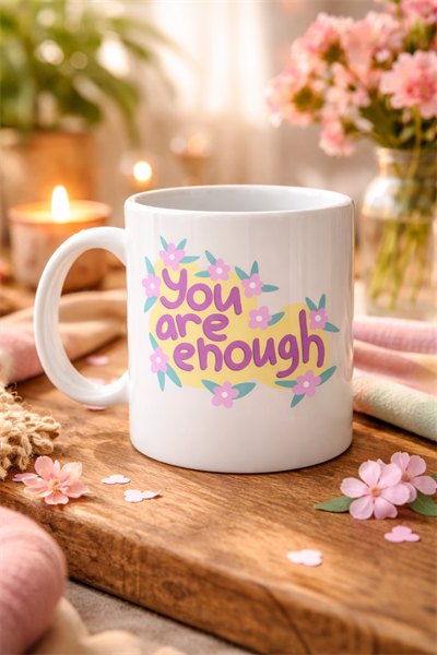 You Are Enough Yazılı Porselen Kupa MODEL 125 – Motive Edici Mesajlı, Çiçek Desenli, Sevdiklerine Anlamlı Hediye