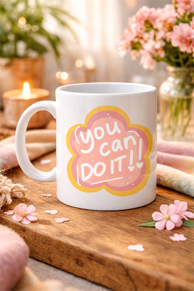 You Can Do It Yazılı Porselen Kupa MODEL 126 – Motive Edici Mesajlı, Çiçek Tasarımlı, Pozitif Enerji Veren Hediye Kupası