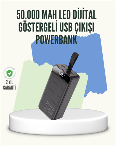 Yüksek Kapasiteli 50.000 mAh Powerbank – Type-C, Lightning ve Micro USB Uyumlu, Çoklu Cihaz Şarj Özellikli