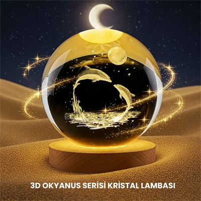 Yunus Temalı Kristal Küre USB Işıklı Ahşap Altlıklı Gece Lambası
