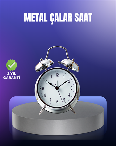 Yuvarlak Gümüş Dekoratif Işıklı Masa Üstü Saat Alarmlı Sessiz Çalışma