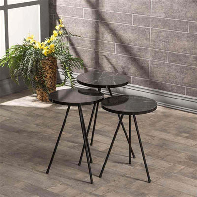 Zigon Sehpa 3 Lü Metal Ayak  Siyah Mermer Desen