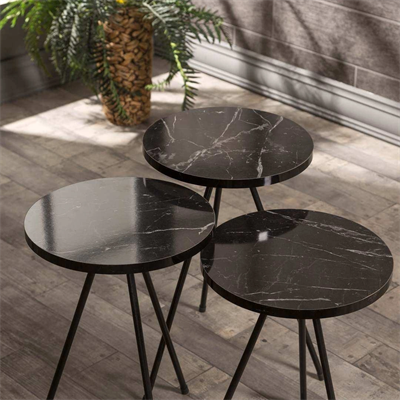 Zigon Sehpa 3 Lü Metal Ayak  Siyah Mermer Desen