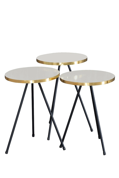 Zigon Sehpa 3 Lü Siyah Metal Ayak Altın Krem