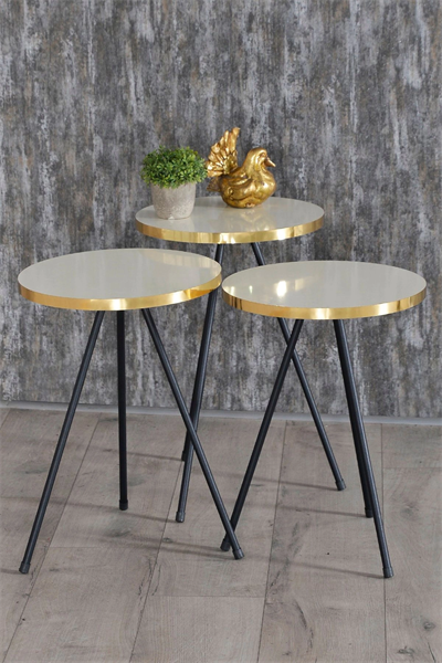 Zigon Sehpa 3 Lü Siyah Metal Ayak Altın Krem