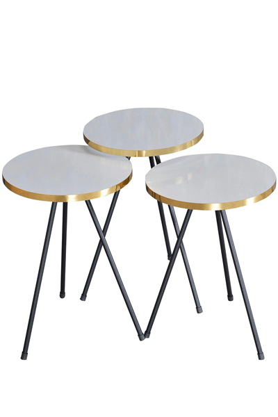 Zigon Sehpa 3 Lü Siyah Metal Ayak Altın Beyaz