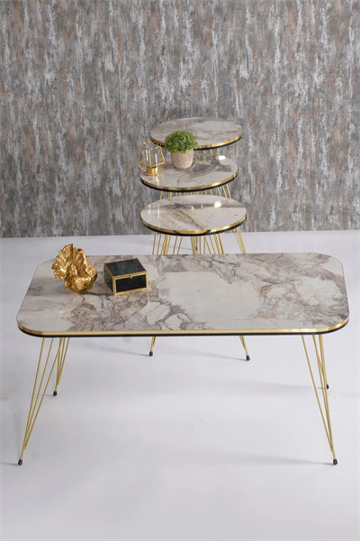 Zigon Sehpa 3lü Altın Metal Ayak Krem Altın