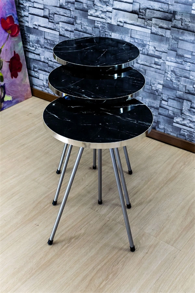 Zigon Sehpa 3lü Gümüş Metal Ayak Gümüş Siyah Bendir 1069