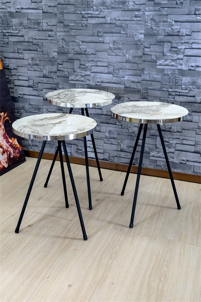 Zigon Sehpa 3lü Siyah Metal Ayak Gümüş Efes 1071