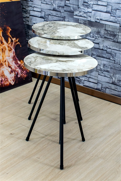 Zigon Sehpa 3lü Siyah Metal Ayak Gümüş Efes 1071