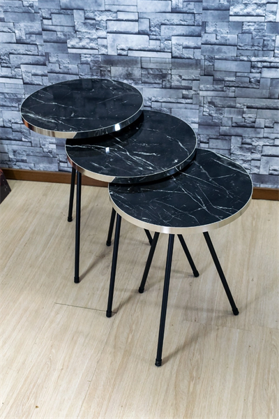 Zigon Sehpa 3lü Siyah Metal Ayak Gümüş Siyah Bendir 1070