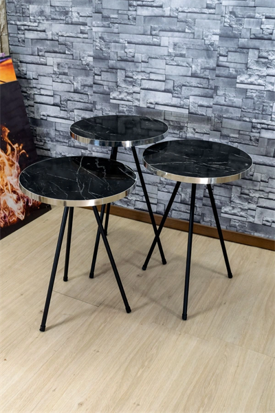 Zigon Sehpa 3lü Siyah Metal Ayak Gümüş Siyah Bendir 1070