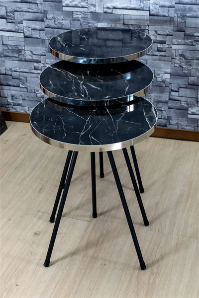 Zigon Sehpa 3lü Siyah Metal Ayak Gümüş Siyah Bendir 1070