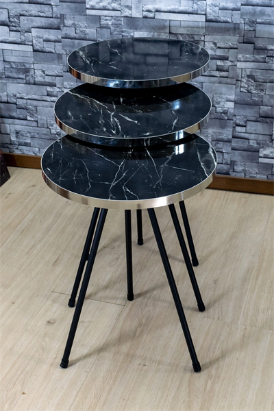 Zigon Sehpa 3lü Siyah Metal Ayak Gümüş Siyah Bendir 1070