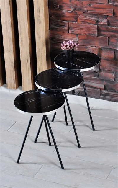 Zigon Sehpa 3lü Siyah Metal Ayak Gümüş Siyah Bendir 1070