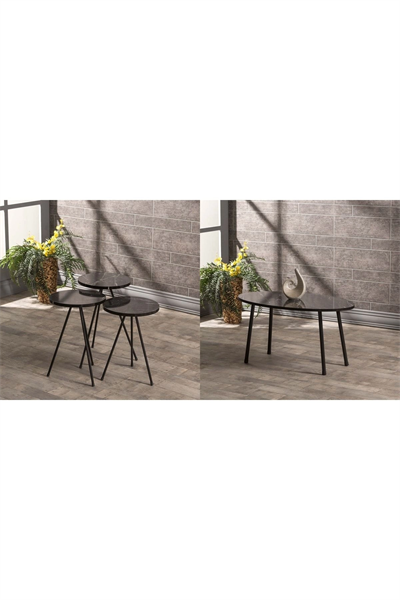 Zigon Sehpa Ve  Orta Sehpa Set  Metal  Elips Siyah Mermer Desen