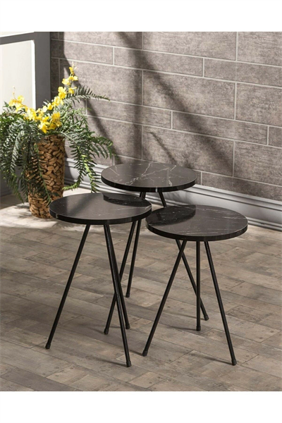 Zigon Sehpa Ve  Orta Sehpa Set  Metal  Elips Siyah Mermer Desen