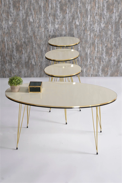 Zigon Sehpa Ve Orta Sehpa Elips Set Çift Gold Krem Tel Ayak