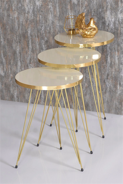 Zigon Sehpa Ve Orta Sehpa Elips Set Gold Krem Tel