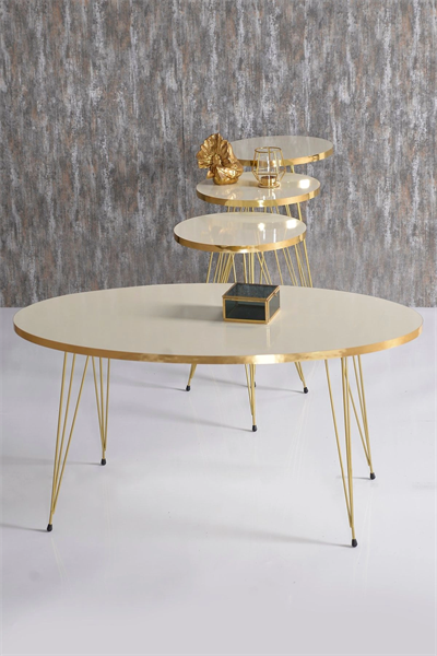 Zigon Sehpa Ve Orta Sehpa Elips Set Gold Krem Tel