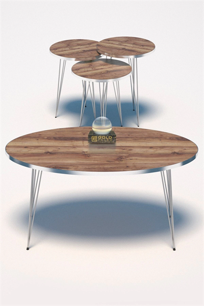 Zigon Sehpa Ve Orta Sehpa Elips Set Gümüş Ceviz Tel