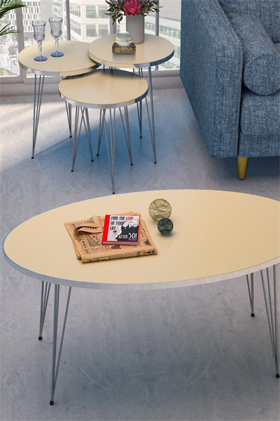 Zigon Sehpa Ve Orta Sehpa Elips Set Gümüş Krem Tel