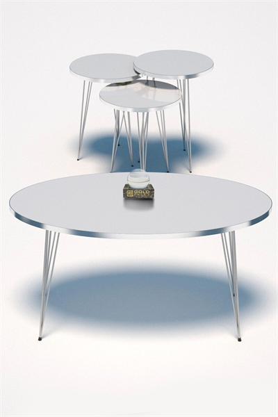 Zigon Sehpa Ve Orta Sehpa Elips Set Gümüş Beyaz Tel