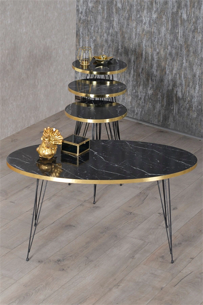 Zigon Sehpa Ve Orta Sehpa Elips Set Siyah Ayak Altın Bendir Tel