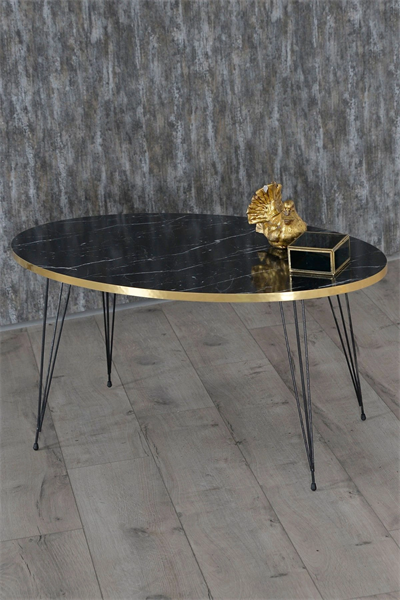 Zigon Sehpa Ve Orta Sehpa Elips Set Siyah Ayak Altın Bendir Tel