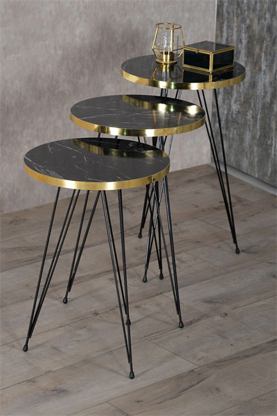 Zigon Sehpa Ve Orta Sehpa Elips Set Siyah Ayak Altın Bendir Tel