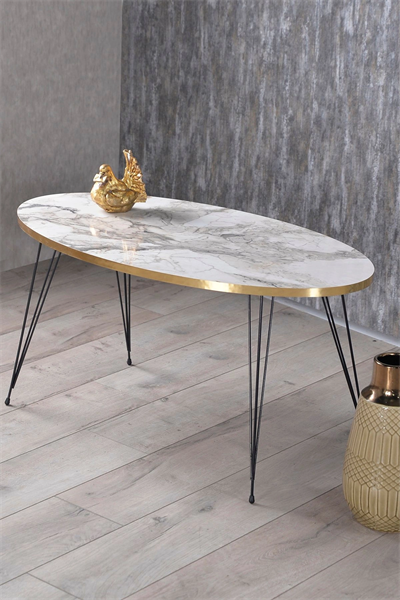 Zigon Sehpa Ve Orta Sehpa Elips Set Siyah Tel Ayak Altın Efes