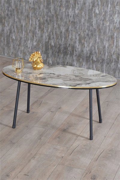 Zigon Sehpa Ve Orta Sehpa Elips Set Siyah Metal Ayak Çift Altın Efes