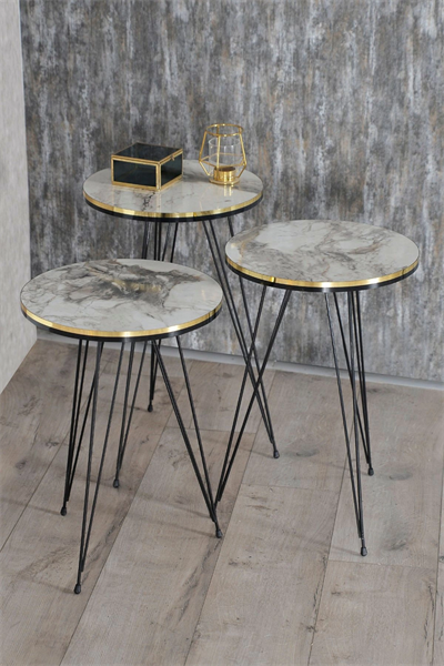 Zigon Sehpa Ve Orta Sehpa Elips Set Siyah Tel Ayak Çift Altın Efes