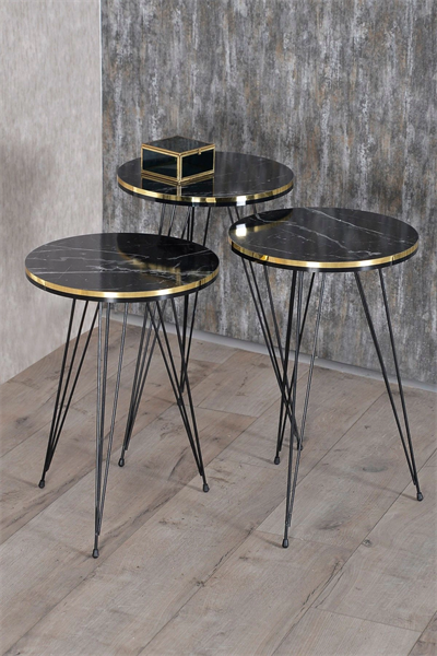 Zigon Sehpa Ve Orta Sehpa Elips Set Siyah Tel Ayak Çift Altın Bendir