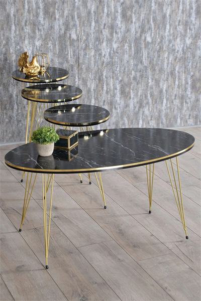 Zigon Sehpa Ve Orta Sehpa Elips Set Tel Ayak Çift Gold Bendir