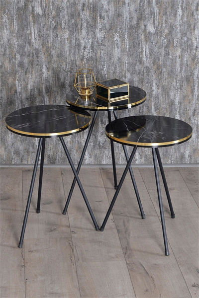 Zigon Sehpa Ve Orta Sehpa Kr Set Siyah Metal Ayak Çift Altın Bendir