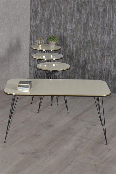 Zigon Sehpa Ve Orta Sehpa Kr Set Siyah Tel Ayak Çift Altın Krem