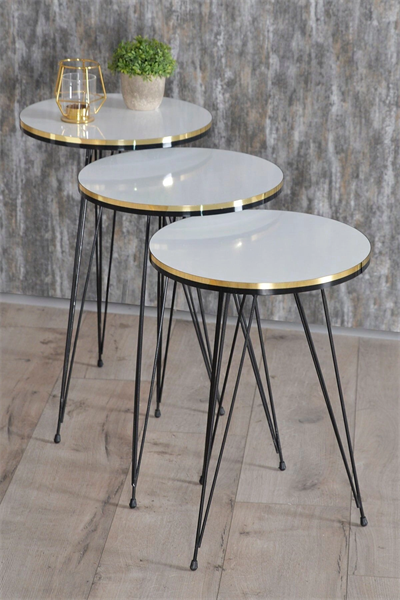 Zigon Sehpa Ve Orta Sehpa Kr Set Siyah Tel Ayak Çift Altın Beyaz