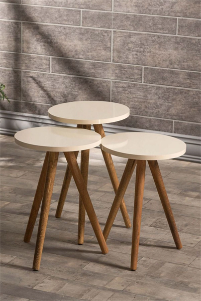 Zigon Sehpa Ve Orta Sehpa Set Ahşap Kr Torna Krem