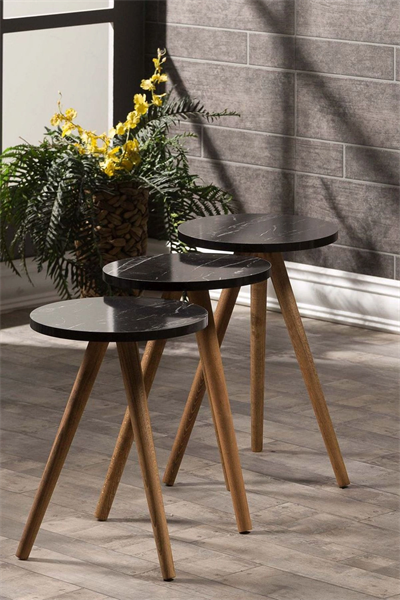 Zigon Sehpa Ve Orta Sehpa Set Ahşap Kr Torna Siyah Mermer Desen