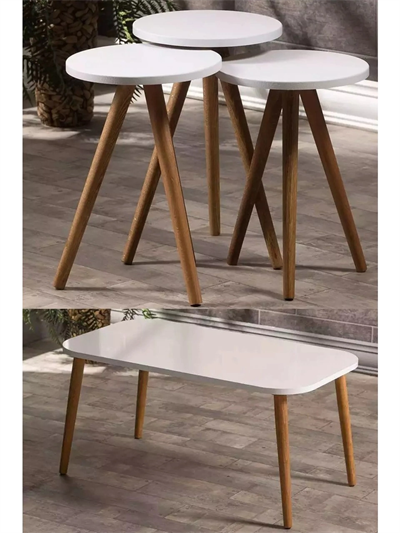 Zigon Sehpa Ve Orta Sehpa Set Ahşap Kr Torna Beyaz