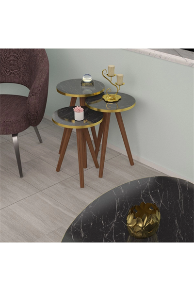 Zigon Sehpa Ve Orta Sehpa Set Ahşap Torna Elips ALTIN Siyah Mermer Desen