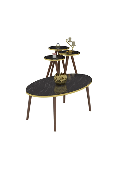 Zigon Sehpa Ve Orta Sehpa Set Ahşap Torna Elips ALTIN Siyah Mermer Desen