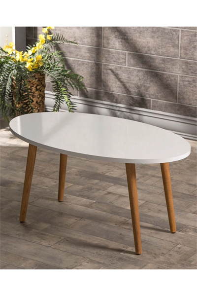 Zigon Sehpa Ve Orta Sehpa Set Ahşap Torna Elips Beyaz