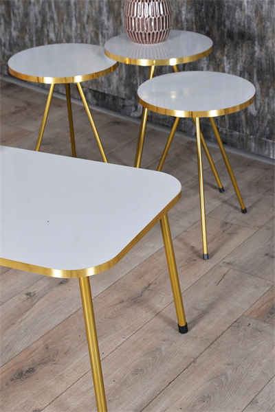 Zigon Sehpa ve Orta Sehpa Kr Gold Metal Ayak Gold Beyaz Set